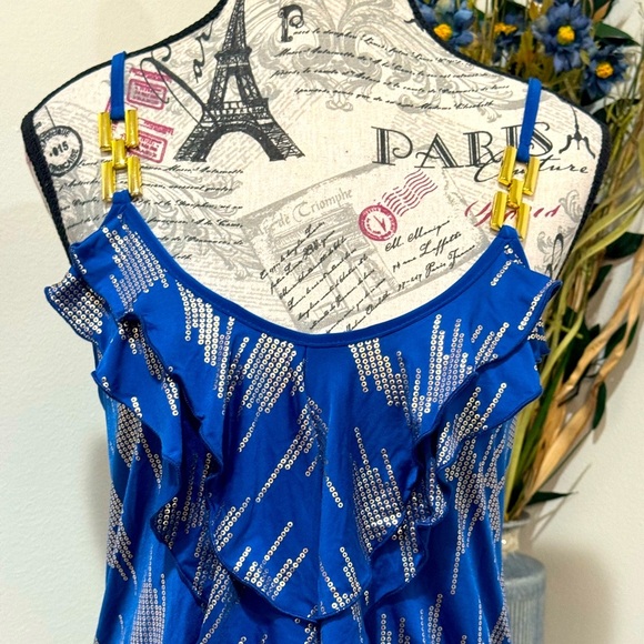 Solar USA Blue& Gold trim Ruffled Front Women's Top w Elastic Waist Large - Picture 2 of 7